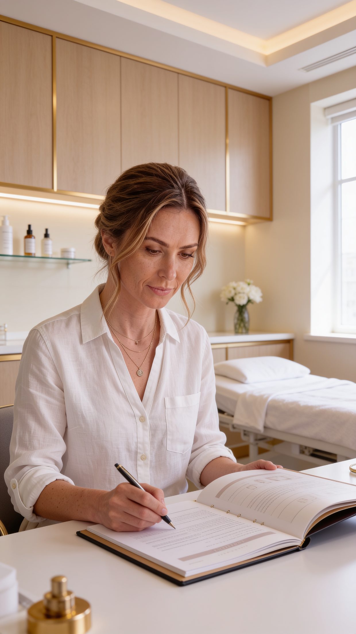 Clair writing notes at a desk in a treatment room